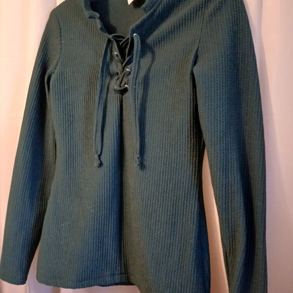 New Lace Up Henley T-shirt Top XS Dark Green Bullet texture fabric Cable knit LS - Picture 4 of 11